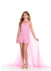 Pink ASHLEYlauren 8285 Fully Beaded Romper with Spaghetti Straps, Intricate Beading, Fringe Detailing, and Detachable Choker with Organza Cape