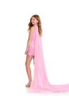 Back - Pink ASHLEYlauren 8285 Fully Beaded Romper with Spaghetti Straps, Intricate Beading, Fringe Detailing, and Detachable Choker with Organza Cape