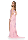 Back - Lilac/Pink ASHLEYlauren 11819 One-Shoulder Fully Beaded Gown with Asymmetrical Lace-Up Back and Left Leg Slit