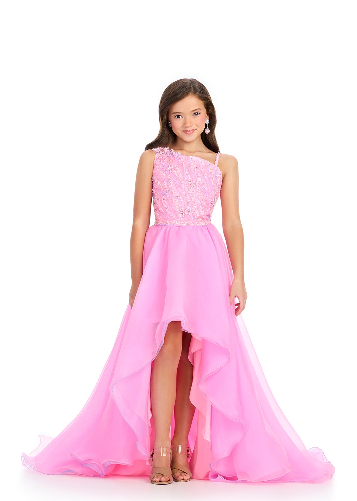 ASHLEYlauren 8290 One-Shoulder Beaded High-Low Organza Gown