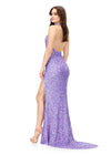 ASHLEYlauren 11065 Hand Beaded Gown with Plunging Halter Neckline, Left Leg Slit, and Low Back