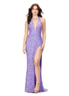 ASHLEYlauren 11065 Hand Beaded Gown with Plunging Halter Neckline, Left Leg Slit, and Low Back