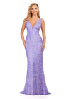 Lilac ASHLEYlauren 11081 Hand Beaded Gown with Deep V-Neckline, V-Back, and Illusion Cut Outs
