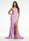 Lilac ASHLEYlauren 11162 Elegant Gown with Spaghetti Straps, Draped Bodice, Ruching, Left Leg Slit, and Lace-Up Back