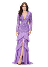 Lilac ASHLEYlauren 11199 – A dramatic v-neck beaded gown featuring long sleeves, ruffle accents, a center slit, and a sweep train. Perfect for making a bold and elegant statement at any special event.