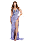 Lilac ASHLEYlauren 11236 strapless gown featuring a sweetheart neckline, modern floral sequin motif cascading down the bustier and skirt, and a left leg slit for a glamorous and head-turning look.