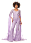 Lilac ASHLEYlauren 11254 statement-making jumpsuit featuring a V-neckline bustier, intricate lace applique, sequin embellishments, and dramatic chiffon floor-length sleeves for a bold and glamorous entrance.