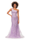 Lilac ASHLEYlauren 11334 One Shoulder Sequin Gown with Lace Appliqué Bodice, Fitted Skirt, Full Zipper Back, and Sweep Train