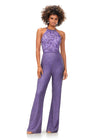 Lilac ASHLEYlauren 11339 unique halter-style jumpsuit featuring an intricately hand-beaded bodice, open back, and flowing wide-leg pants for a bold and sophisticated statement look.