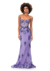 Lilac ASHLEYlauren 11362 elegant spaghetti strap gown featuring a sweetheart neckline, sheer illusion bustier adorned with intricate sequin details that cascade onto the skirt and hemline, and a sweep train for a glamorous and sophisticated look.