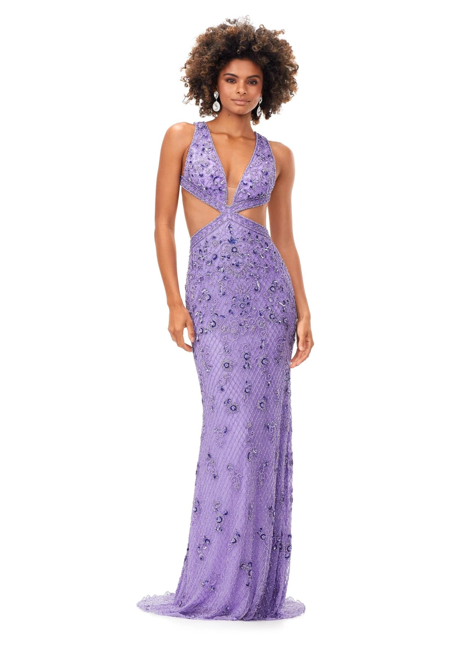 ASHLEYlauren 11366 V Neck Beaded Cut Out Gown
