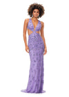 Lilac ASHLEYlauren 11366 stunning hand-beaded gown featuring a deep V-neckline, intricate bead pattern, side cut outs, a lace-up open back, and a sweep train for a bold and glamorous statement look.
