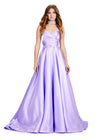 Lilac ASHLEYlauren 11473 elegant A-line satin ball gown featuring a strapless sweetheart neckline, ruched bustier, and a fully beaded matching choker for a timeless and glamorous look.