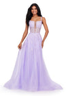 Lilac ASHLEYlauren 11526 Fairytale-Inspired Gown with V-Neckline, Lace Appliqué Corset Bustier, Glitter Tulle A-Line Skirt, and Lace Up Back