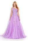 Lilac ASHLEYlauren 11573 Romantic One Shoulder Organza Ball Gown with Intricate Sequin Appliqué, Open Back, and Draped Organza Cape