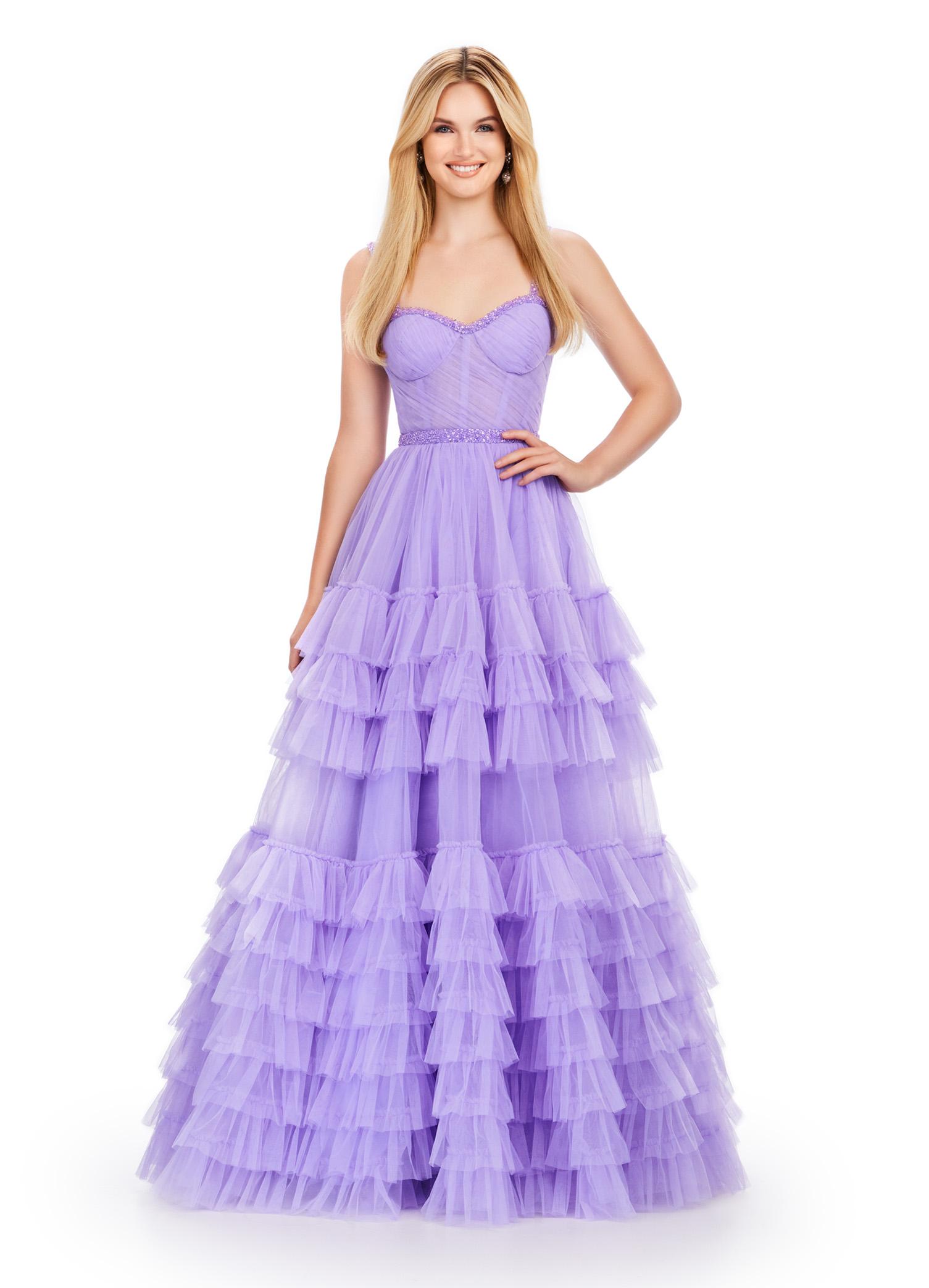 Lilac ASHLEYlauren 11603 Spaghetti Strap Tulle Ball Gown with Tiered Skirt, Beaded Waist and Strap Accents, and Corset Bustier