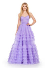 Lilac ASHLEYlauren 11603 Spaghetti Strap Tulle Ball Gown with Tiered Skirt, Beaded Waist and Strap Accents, and Corset Bustier