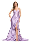 Lilac ASHLEYlauren 11638 Edgy Shimmer Jersey Gown with Spaghetti Straps, Structured Corset Bustier, Statement Bow and Ruffle Accent, and Lace Up Back