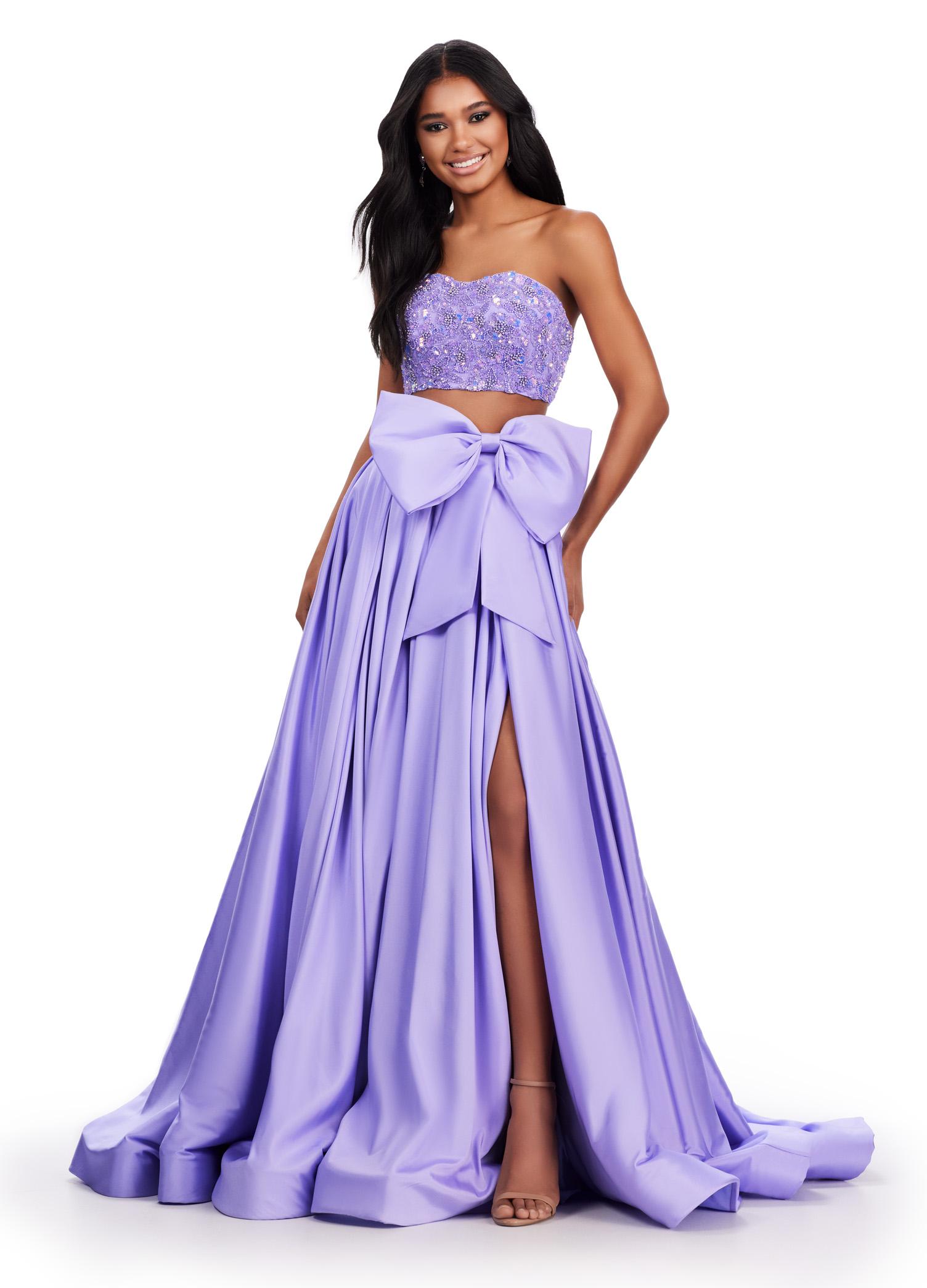 Lilac ASHLEYlauren 11650 Two-Piece Ball Gown with Intricately Beaded Strapless Bustier, A-Line Taffeta Skirt, and Statement Oversized Bow Detail