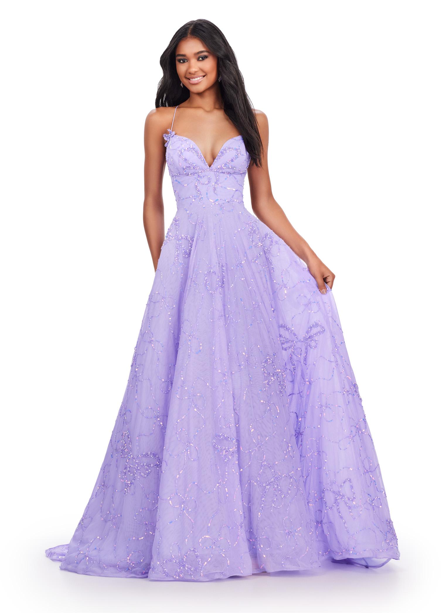 Lilac ASHLEYlauren 11658 Fully Beaded A-Line Tulle Gown with Sweetheart Neckline, Intricate Bow Accents, and Lace Up Back