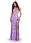 Lilac ASHLEYlauren 11670 Intricately Beaded Gown with Deep V-Neckline, Sheer Side Cut Outs, Open V-Back, and Left Leg Slit