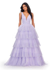Lilac ASHLEYlauren 11672 Sparkling Glitter Tulle Ball Gown with V-Neckline, V-Back, Heat-Set Stones, and Voluminous Multi-Tiered Ruffle Skirt