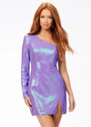 Lilac ASHLEYlauren 4455 fitted cocktail dress featuring a one shoulder neckline with a single sleeve, fully sequin fabric, mini left leg slit, and full zipper back for a sleek and glamorous look.