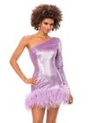 Lilac ASHLEYlauren 4542 one sleeve cocktail dress featuring a fully sequin design, asymmetrical hemline, and tonal feather trim for a glamorous and modern look.