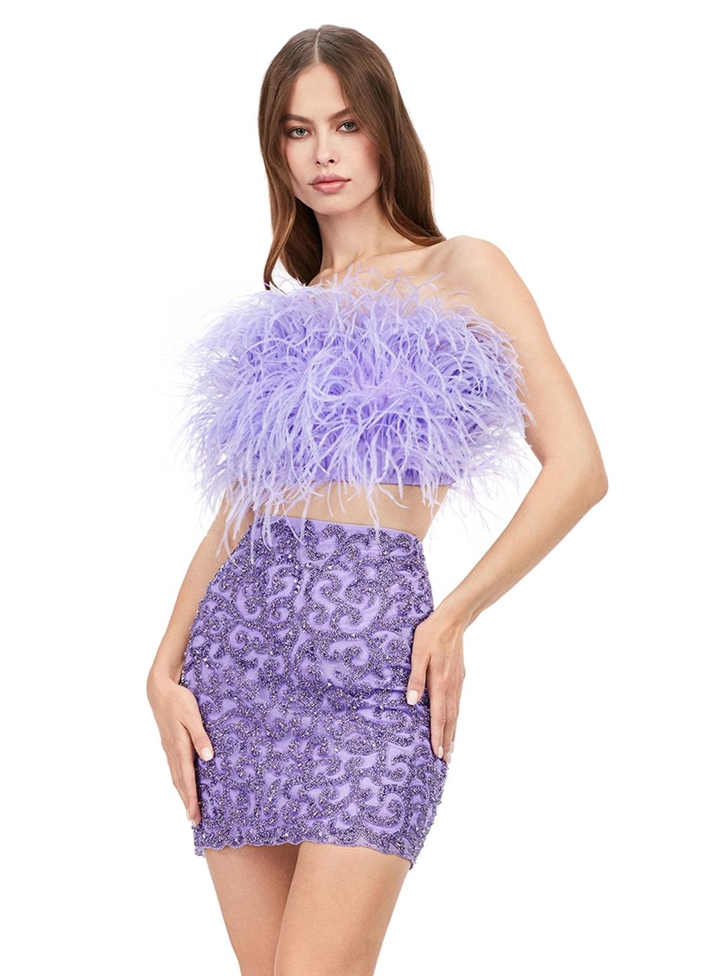 Lilac ASHLEYlauren 4599 – A stunning two-piece set featuring a strapless feather bustier and a fully beaded fitted skirt. This gorgeous, statement-making outfit is a must-have addition to your closet.