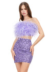 Lilac ASHLEYlauren 4599 – A stunning two-piece set featuring a strapless feather bustier and a fully beaded fitted skirt. This gorgeous, statement-making outfit is a must-have addition to your closet.