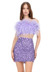 Lilac ASHLEYlauren 4599 – A stunning two-piece set featuring a strapless feather bustier and a fully beaded fitted skirt. This gorgeous, statement-making outfit is a must-have addition to your closet.