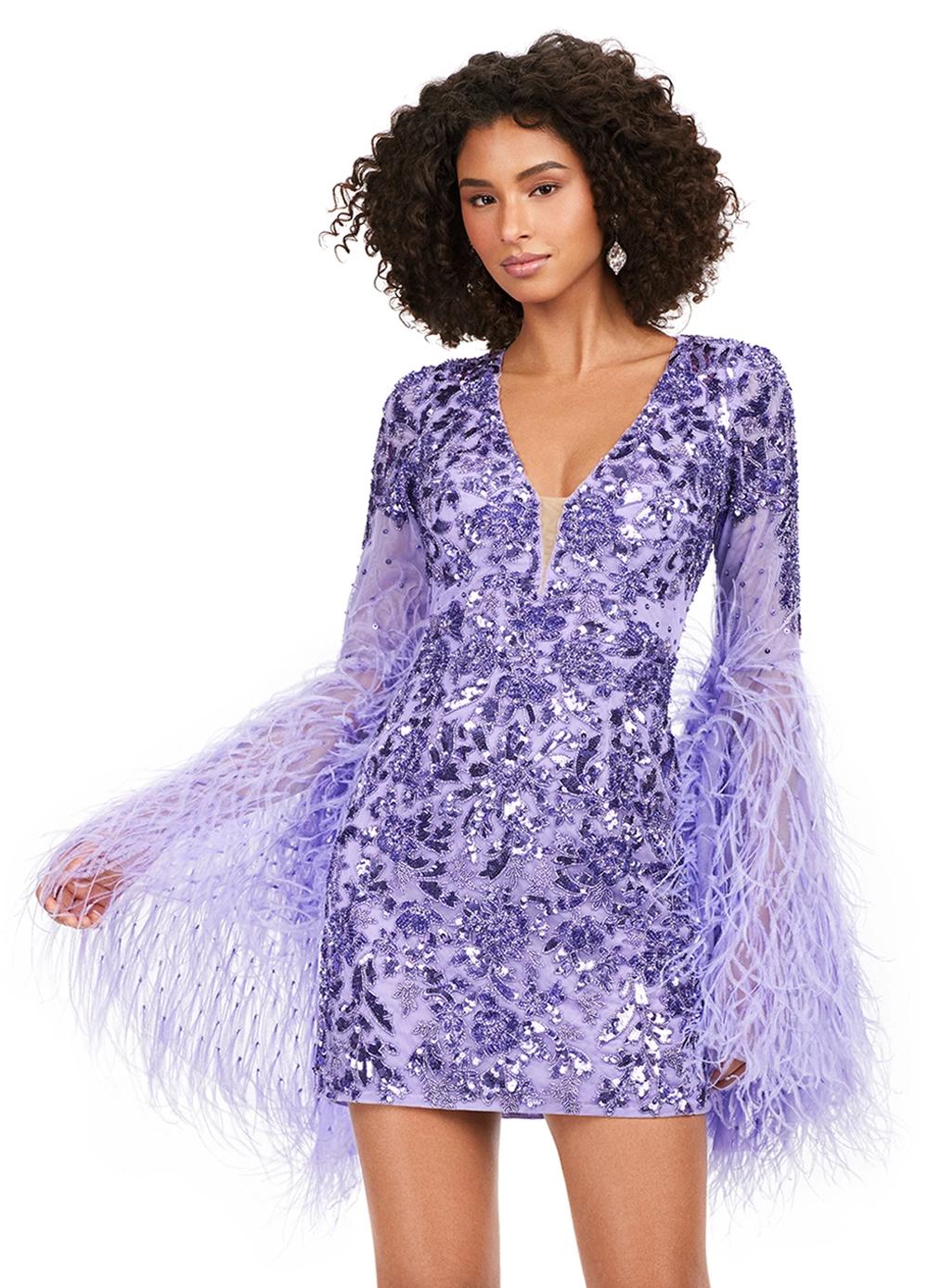 Lilac ASHLEYlauren 4603 fully beaded cocktail dress featuring a V-neckline, feather-adorned flare sleeves, full back, and fitted skirt for a bold and glamorous statement look.