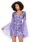Lilac ASHLEYlauren 4603 fully beaded cocktail dress featuring a V-neckline, feather-adorned flare sleeves, full back, and fitted skirt for a bold and glamorous statement look.