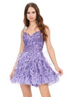 Lilac ASHLEYlauren 4604 – A fabulous cocktail dress featuring intricate beading throughout, a sweetheart neckline, spaghetti straps, and an A-line skirt adorned with feather details. Perfect for turning heads on the dance floor or stage.