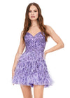 Lilac ASHLEYlauren 4604 – A fabulous cocktail dress featuring intricate beading throughout, a sweetheart neckline, spaghetti straps, and an A-line skirt adorned with feather details. Perfect for turning heads on the dance floor or stage.