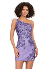 Lilac ASHLEYlauren 4612 fully sequin cocktail dress featuring a one shoulder neckline with feather details, an intricately beaded bustier, and a fitted skirt for a bold and glamorous look.