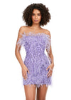 Lilac ASHLEYlauren 4615 – A stunning, fully beaded strapless cocktail dress featuring feather details and a fitted skirt. Perfect for making a bold statement and feeling like royalty at any event.