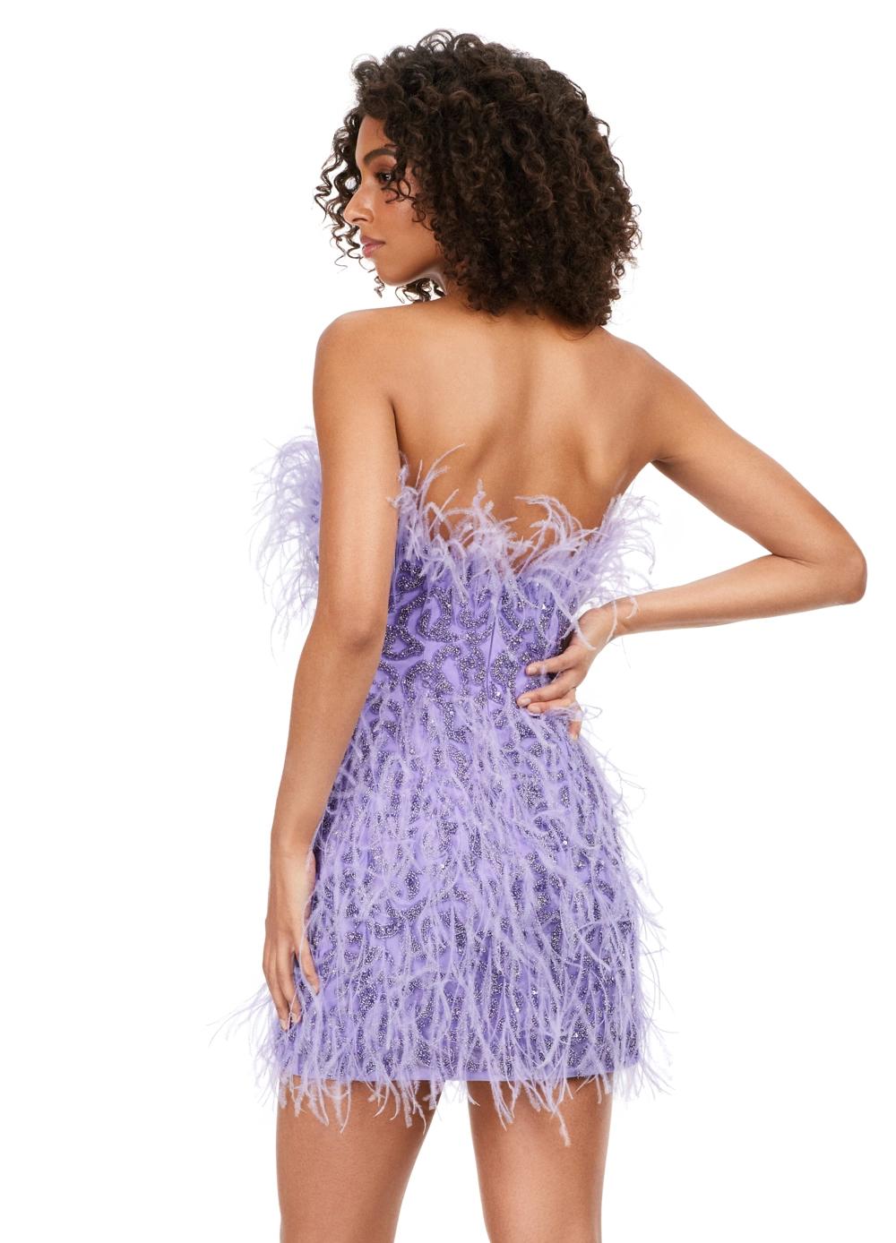 Back - Lilac ASHLEYlauren 4615 – A stunning, fully beaded strapless cocktail dress featuring feather details and a fitted skirt. Perfect for making a bold statement and feeling like royalty at any event.