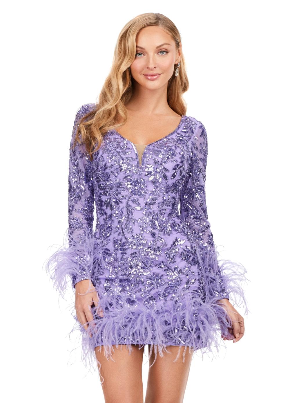 Lilac ASHLEYlauren 4616 fully sequin cocktail dress featuring a V-neckline, open back, fitted skirt, and feather details along the skirt and sleeves for a luxurious and dramatic look.