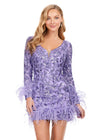 Lilac ASHLEYlauren 4616 fully sequin cocktail dress featuring a V-neckline, open back, fitted skirt, and feather details along the skirt and sleeves for a luxurious and dramatic look.