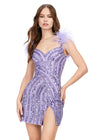 Lilac ASHLEYlauren 4626 fully beaded cocktail dress featuring a sweetheart neckline, feather-detailed straps, intricate beadwork, and a wrap skirt for a bold and show-stopping look.