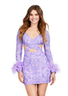 Front - Lilac ASHLEYlauren 4653 fully beaded cocktail dress featuring a V-neckline, long sleeves trimmed with feathers, bold cutouts, and a fitted skirt for a fun and flirty statement look.