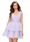 Lilac ASHLEYlauren 4695 A-line cocktail dress featuring a glitter tulle fabric, illusion V-neckline, and heat-set stones throughout each tier for a sparkling and glamorous look.