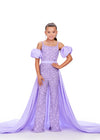 Lilac ASHLEYlauren 8269 fully beaded kids jumpsuit featuring a square neckline, dramatic removable taffeta puff sleeves, and a detachable taffeta overskirt for a bold and versatile statement look.