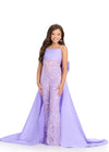 Lilac ASHLEYlauren 8292 Spaghetti Strap Fully Beaded Jumpsuit with Oversized Bow and Flowing Taffeta Skirt with Train