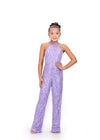 Lilac ASHLEYlauren Kids 8194 runway-ready fully beaded jumpsuit featuring a halter neckline and fringe detailing throughout for the perfect amount of movement and glamour.