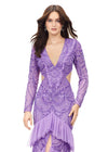 Lilac ASHLEYlauren 11199 – A dramatic v-neck beaded gown featuring long sleeves, ruffle accents, a center slit, and a sweep train. Perfect for making a bold and elegant statement at any special event.