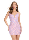 Lilac/Pink ASHLEYlauren 4500 strapless gown featuring a plunging V-neckline, ornate sequin bead pattern, and striking V-back for a bold and glamorous look.