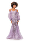 Lilac SHLEYlauren 11335 Spaghetti Strap Sequin Appliqué Gown with Illusion Corset Bodice, Trumpet Skirt, Open Back, and Detachable Puff Sleeves
