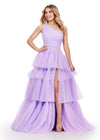 Lilac/Sky ASHLEYlauren 11619 One Shoulder Ball Gown with Ruched Bustier, Two-Tone Tiered Pleated Tulle Skirt, and Left Leg Slit